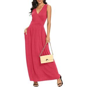 Women Peach Red Deep V Neck Sleeveless Loose Plain Long Maxi Stretchy Dress